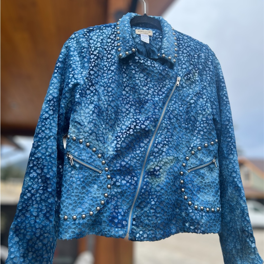 Moon Collection Blue Snakeskin Print Moto Jacket Studded Zip Up Statement Large